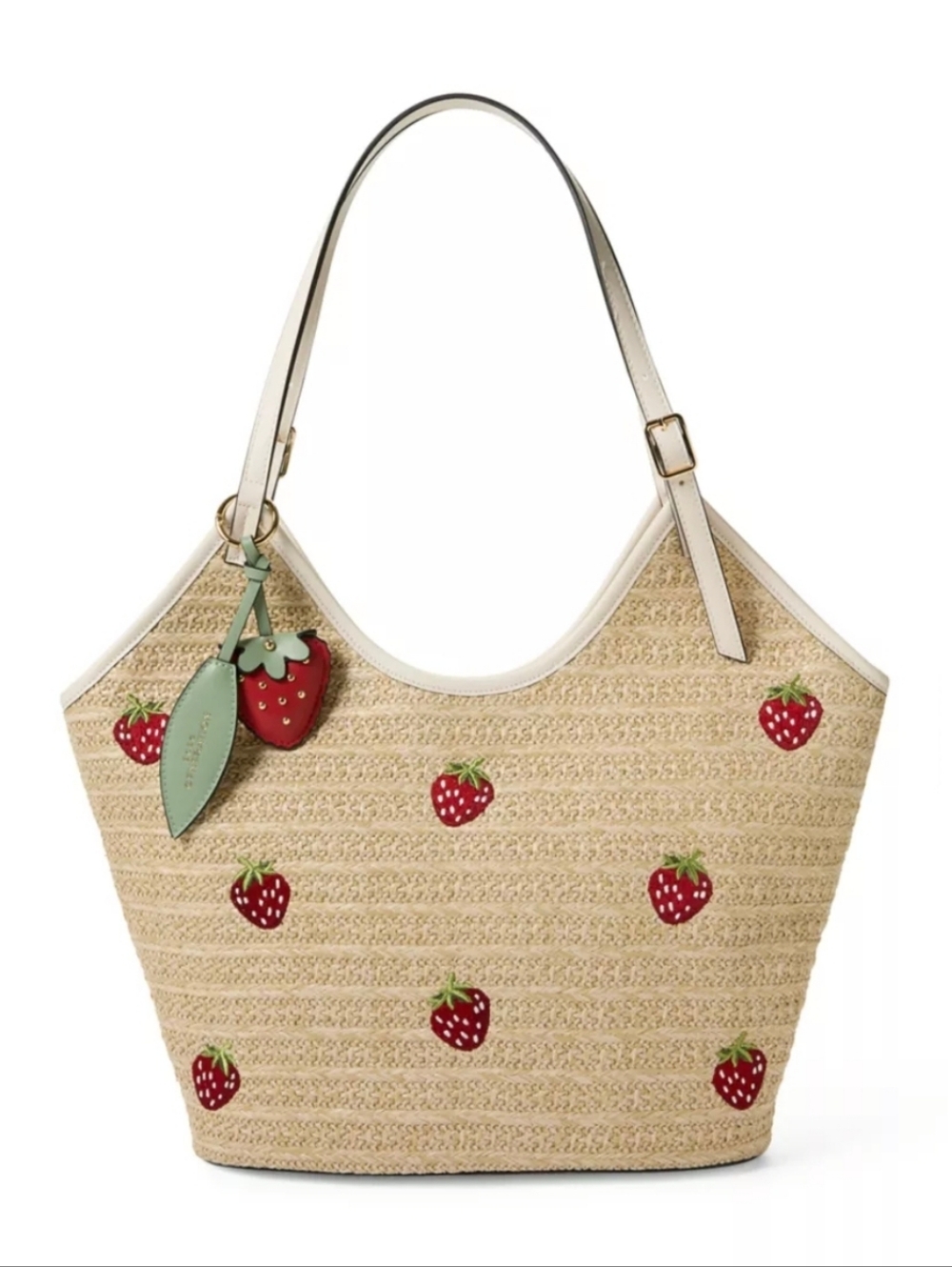 BCBGeneration Straw Tote with Red Strawberry Embroidery and Cream Trim
